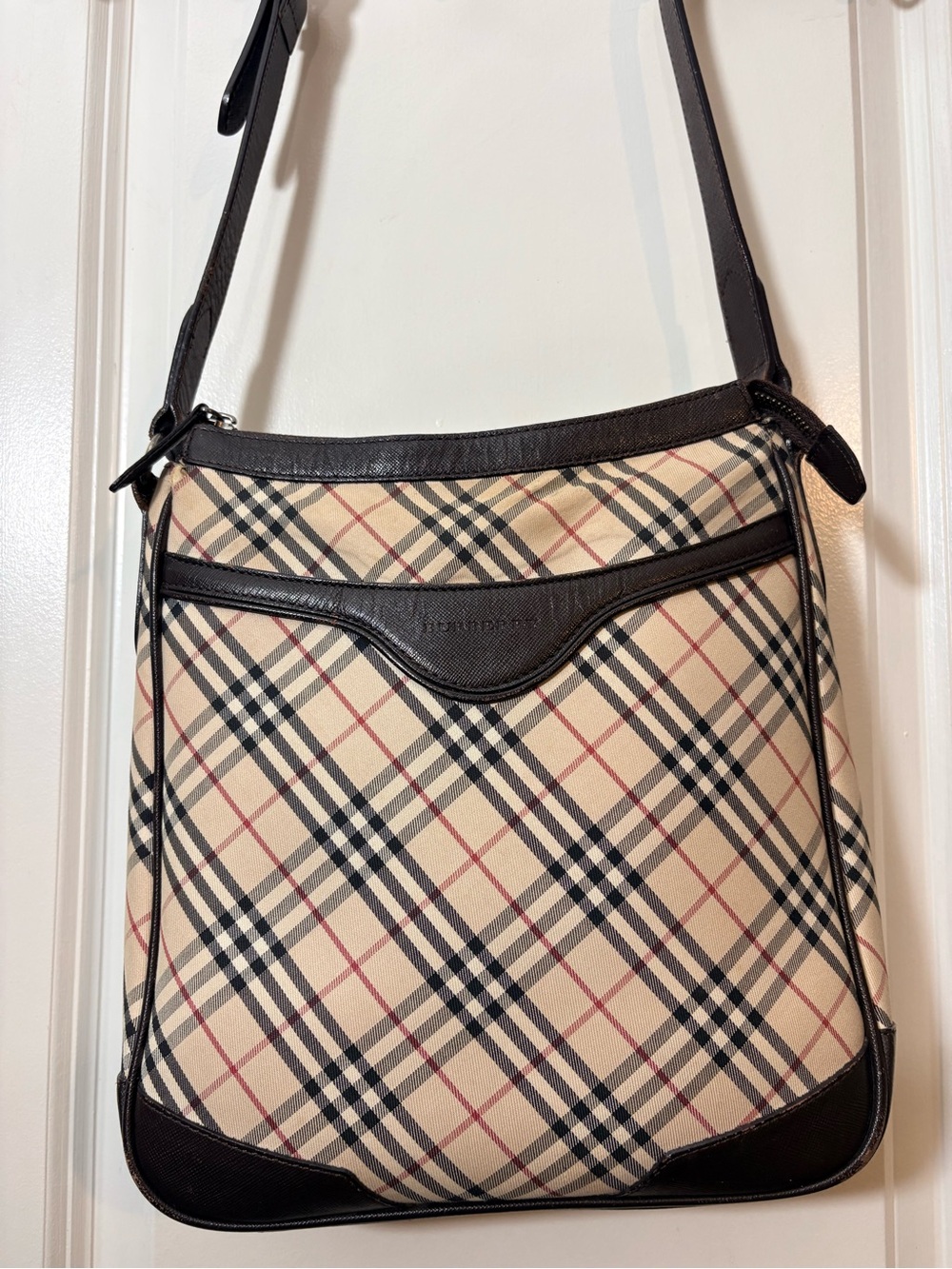 Burberry Vintage House Check Crossbody Bag Brown Saffiano Leather Trim